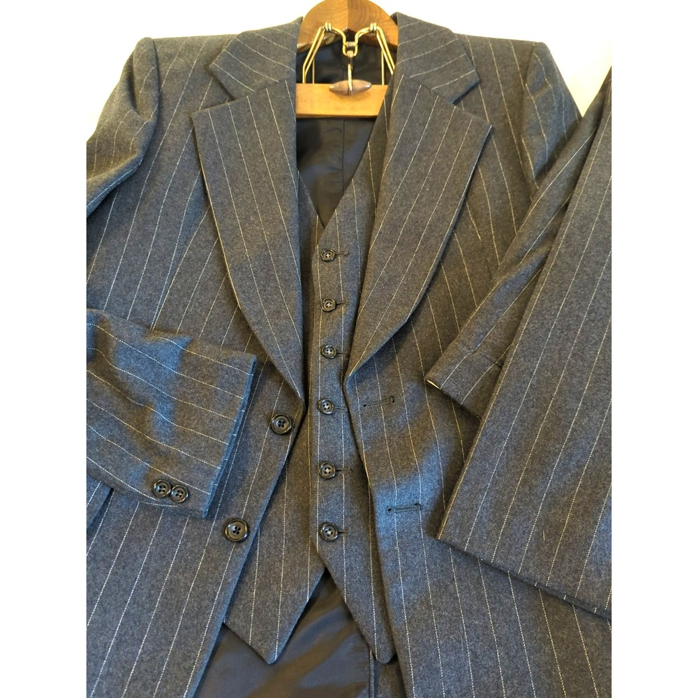 Vintage 70's John Peter London 3-Piece Suit Gray Pinstripe Wool 38R W32 Wide Leg